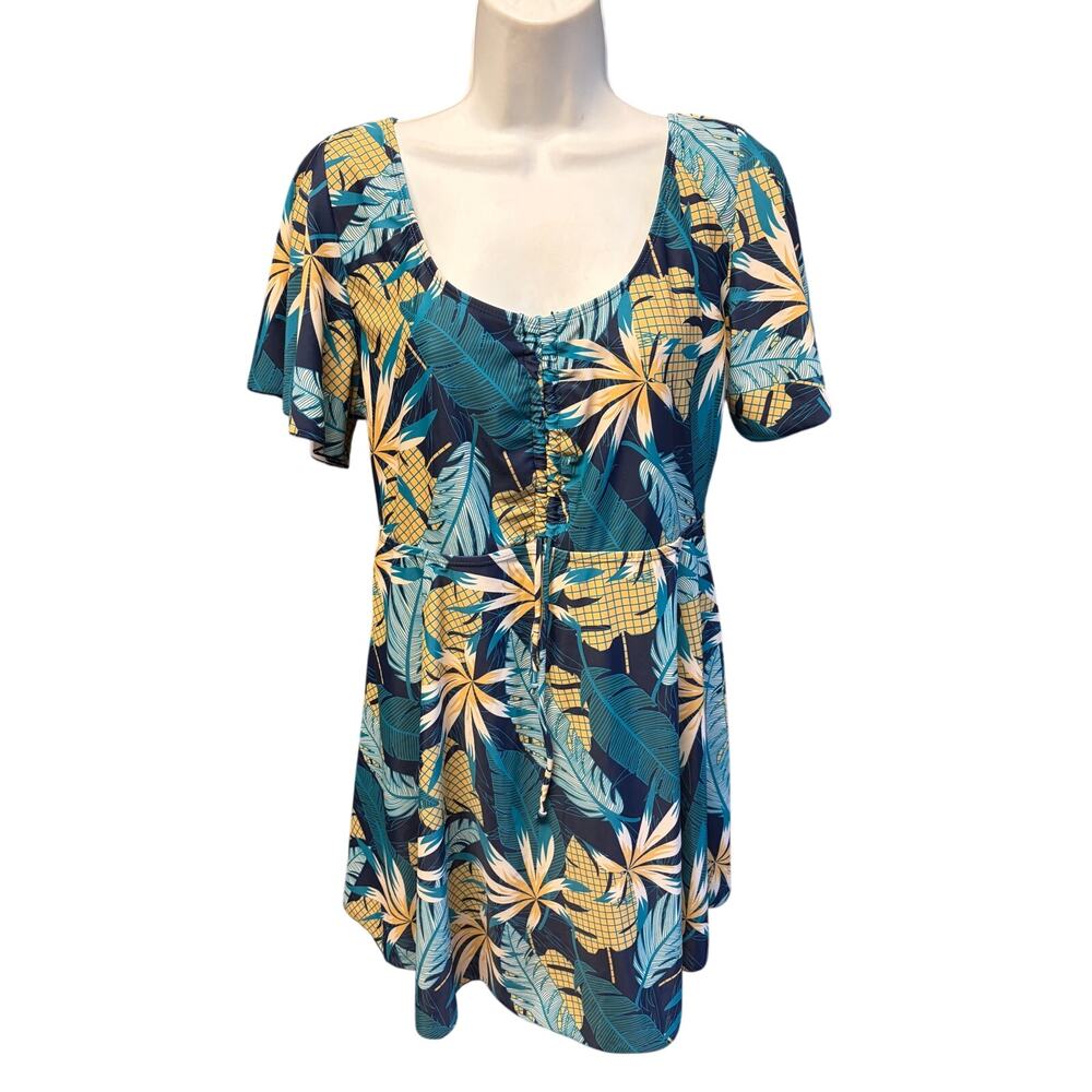 ECUPPER Tropical Swim Dress Cover Up 4XL Blue Palm Leaf Ruched Front